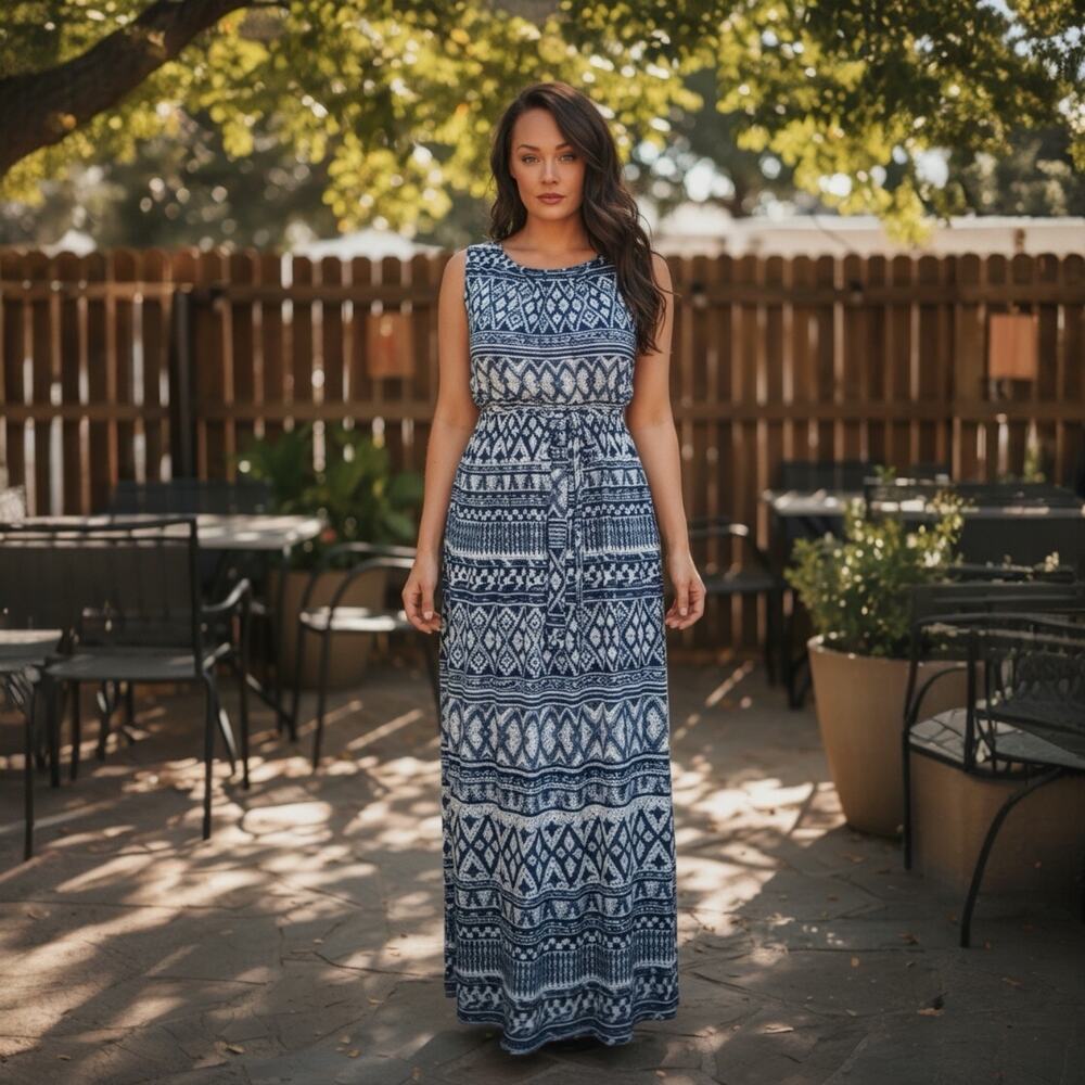 Enfocus Studio Blue Geometric Maxi Sleeveless Dress Size 10